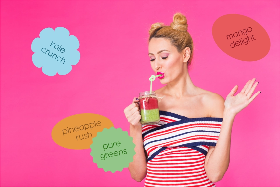 A woman smiles while holding a glass of juice, surrounded by various words that express joy and refreshment.