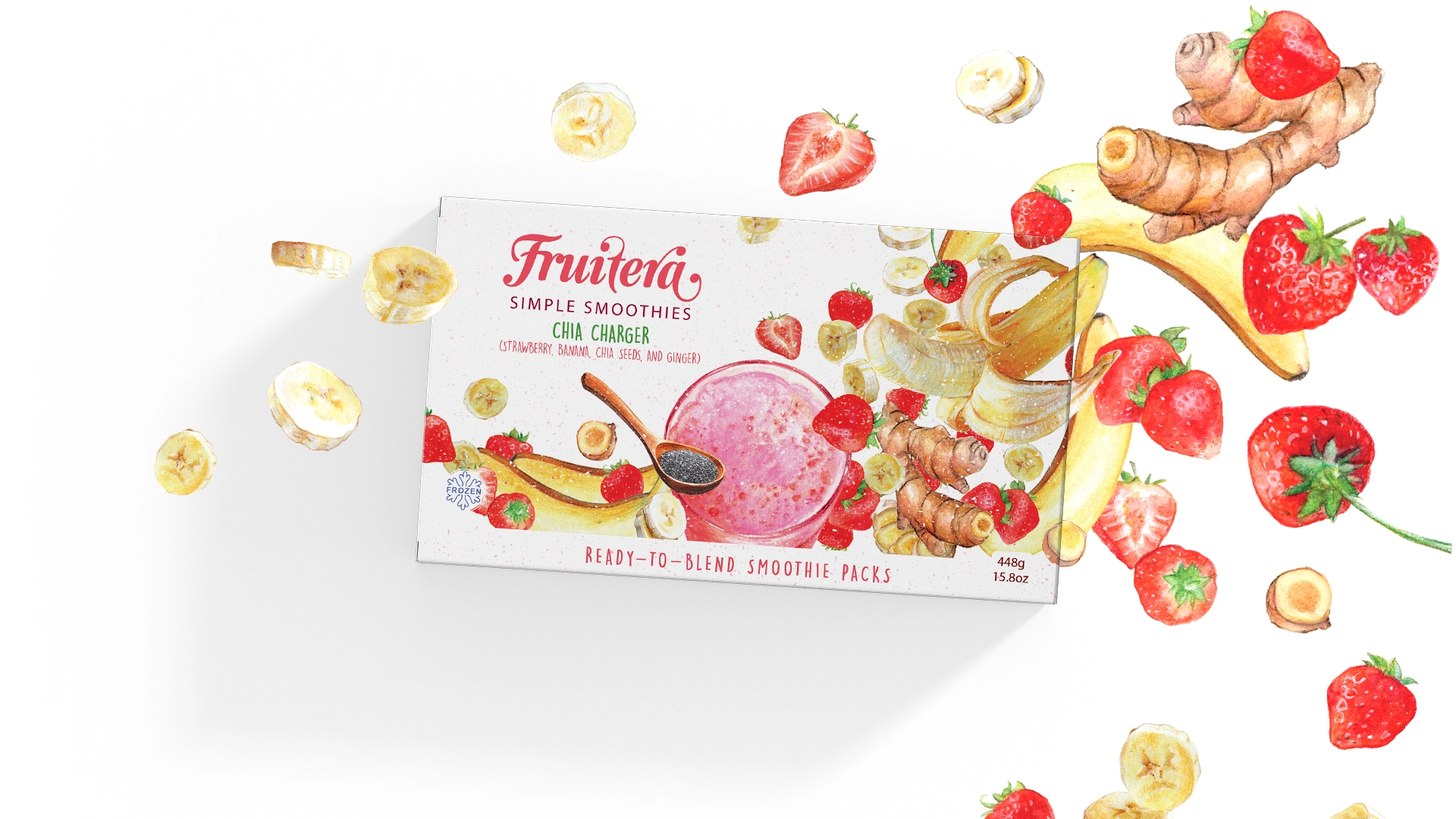 A delightful assortment of strawberries and bananas in a box, accompanied by a scoop of chia on top.