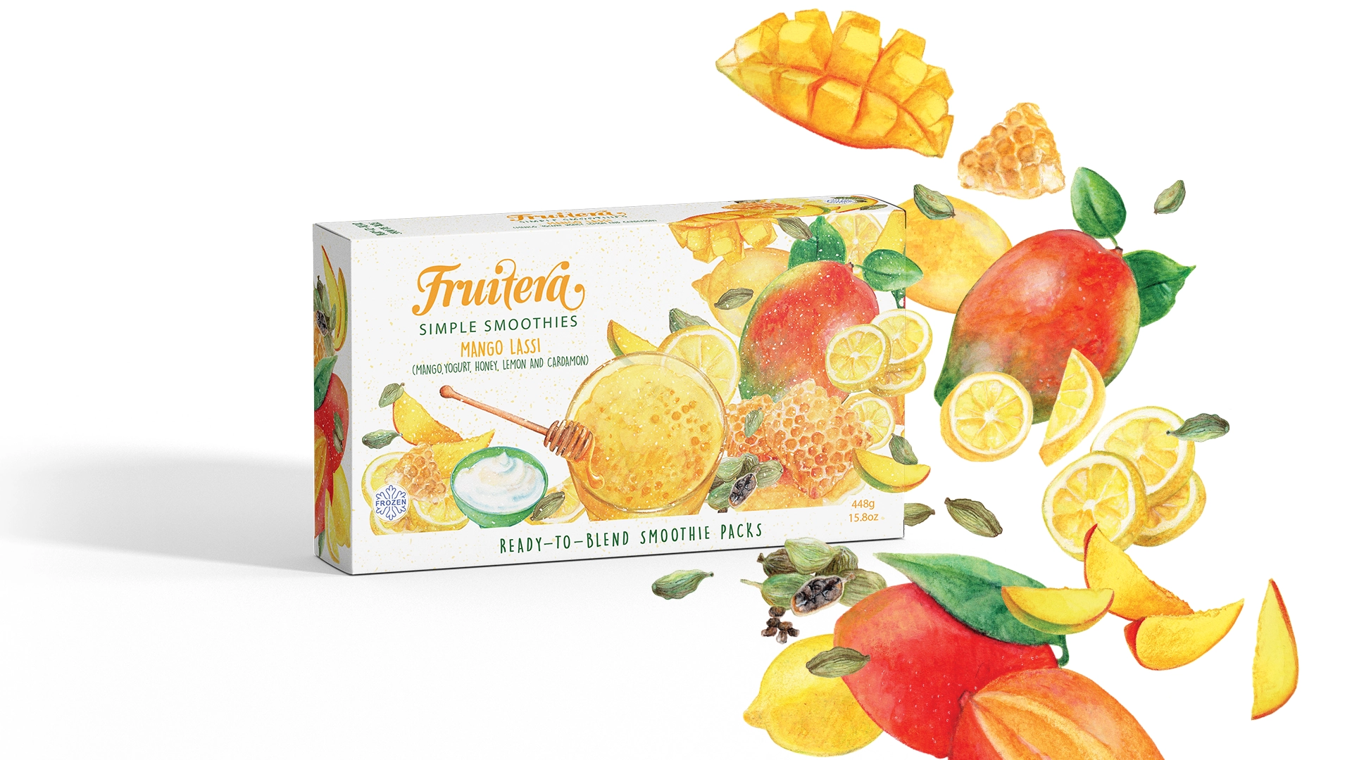 A box of fruit snacks featuring a colorful watercolor illustration of various fruits on the packaging.