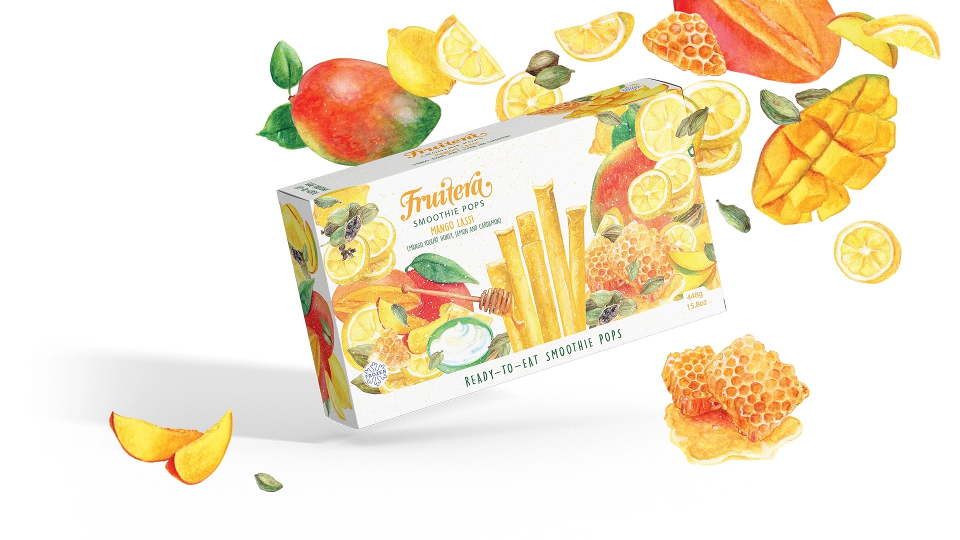 A box of fruit snacks featuring a playful watercolor depiction of fruits, bright and appealing to the eye.