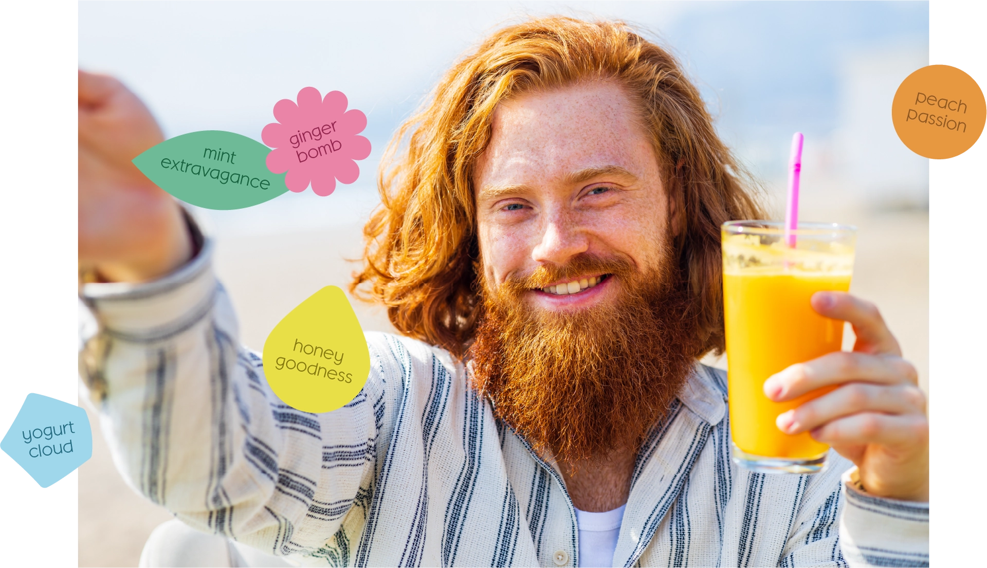 man with a beard and long hair is cheerfully holding a glass of orange juice, exuding a relaxed and joyful atmosphere.